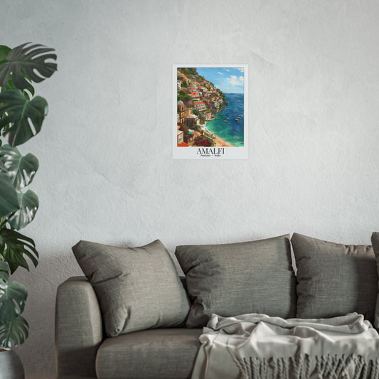 Amalfi Coast Italy – Fine Art Poster Print, Mediterranean Cruise Ship Port Wall Art, Bougainvillea & Lemons Decor