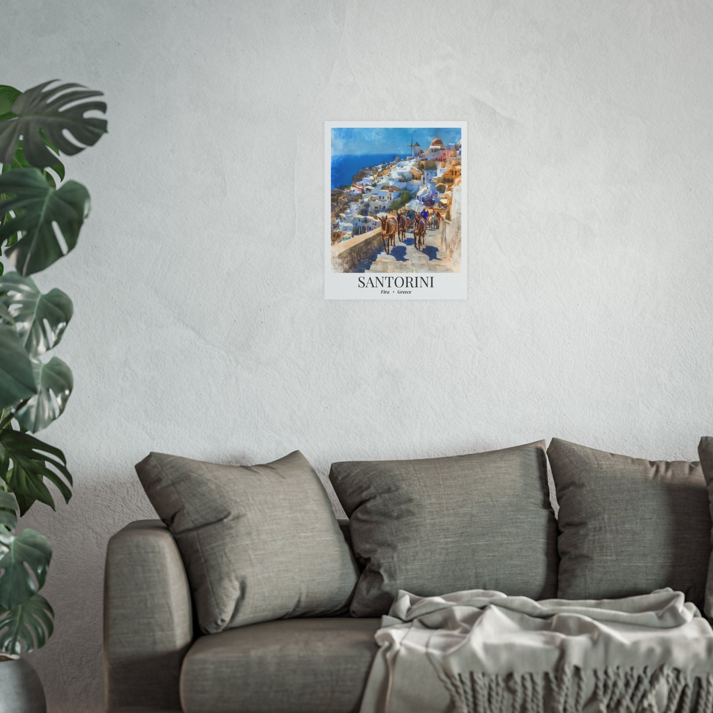Santorini Travel Poster – Fine Art Print, Donkeys of Fira Artwork, Shared Memory Wall Decor, Greece Souvenir