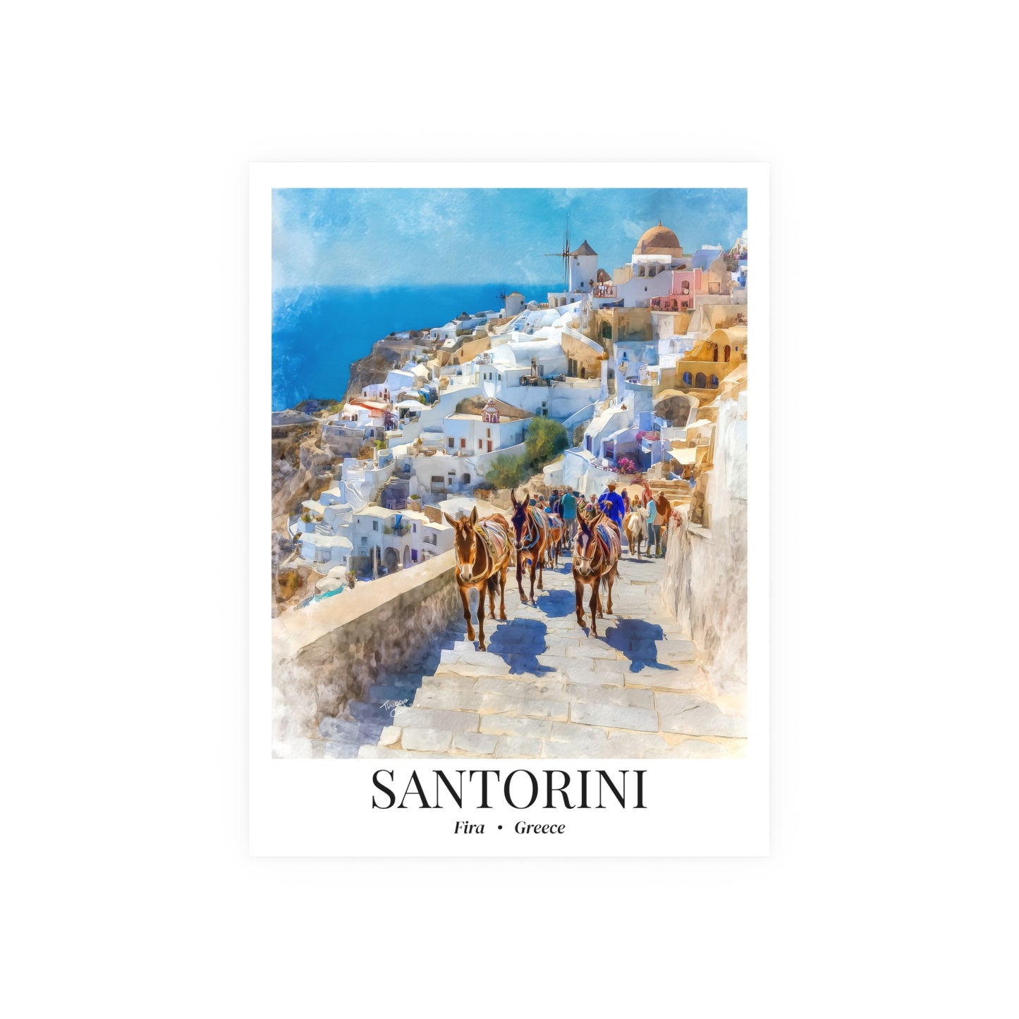 Santorini Travel Poster – Fine Art Print, Donkeys of Fira Artwork, Shared Memory Wall Decor, Greece Souvenir
